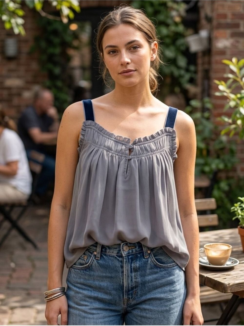 Converse One Star Grey Gathered Chiffon Blouse Tank Top Velvet Straps SzS